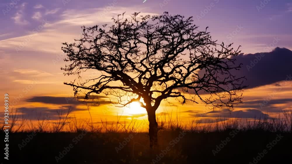 Silhouette of a barren tree against a colorful sunset in a serene landscape Silhouette of a barren tree against a colorful sunset in a serene landscape