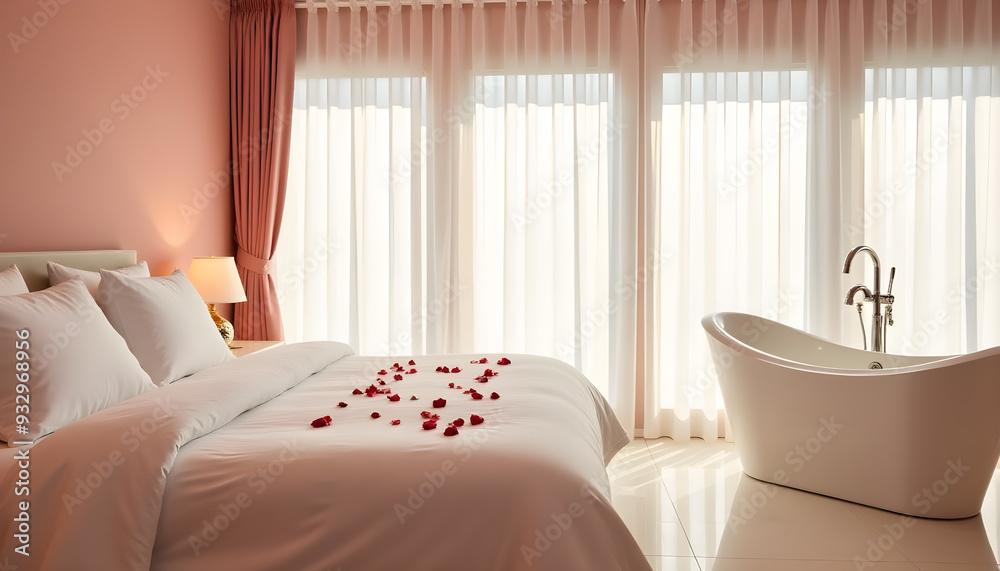 Obraz premium Luxurious Bedroom Retreat with In-Room Bathtub and Soft Pink Decor
