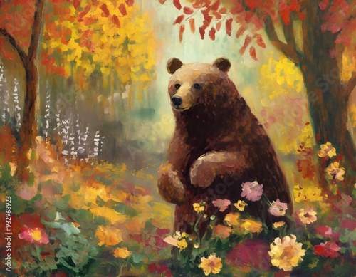Brown bear in an autumn forest, cozy autumn artwork design for post cards
