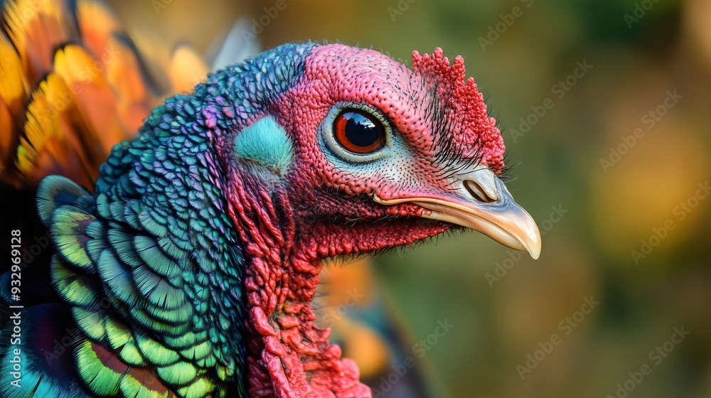 Close-up wild turkey with colorful feathers Non-flying bird walking through nature Thanksgiving meat dinner Farm animals Rural agriculture Countryside environment Hunting mammals Village life Close-up wild turkey with colorful feathers Non-flying bird walking through nature Thanksgiving meat dinner Farm animals Rural agriculture Countryside environment Hunting mammals Village life