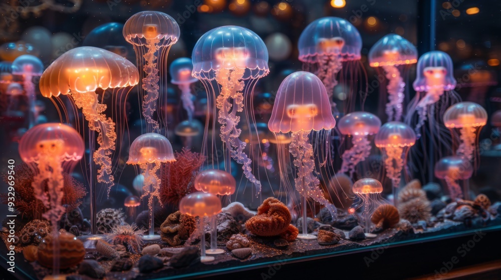 Fototapeta premium Arrange a neon showcase of ocean creature symbols, featuring shining