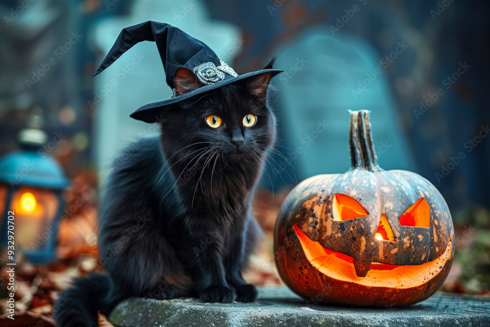 Halloween. Black cat sitting in witch hat close-up on Halloween next to pumpkin with old cemetery in background