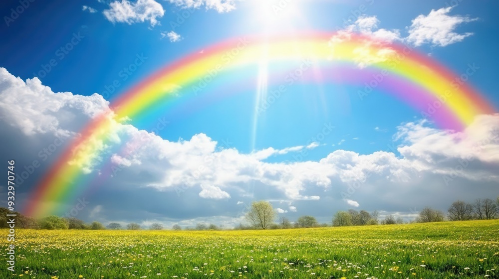 Bright rainbow over springtime countryside Bright rainbow over springtime countryside