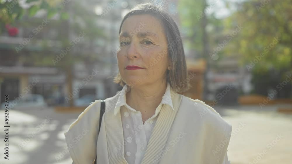 Mature woman with closed eyes, standing outdoors in an urban park with buildings in the background Mature woman with closed eyes, standing outdoors in an urban park with buildings in the background