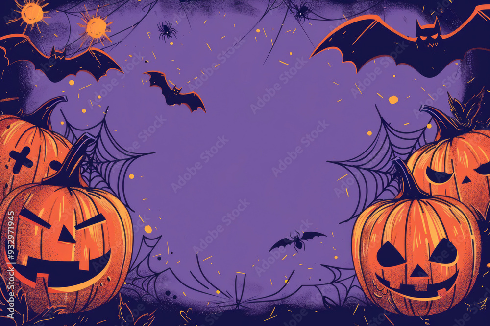 Halloween background with space for text. Halloween frame with pumpkins, bats, spiders and webs in lilac and orange with empty space in the middle. Halloween background with space for text. Halloween frame with pumpkins, bats, spiders and webs in lilac and orange with empty space in the middle.