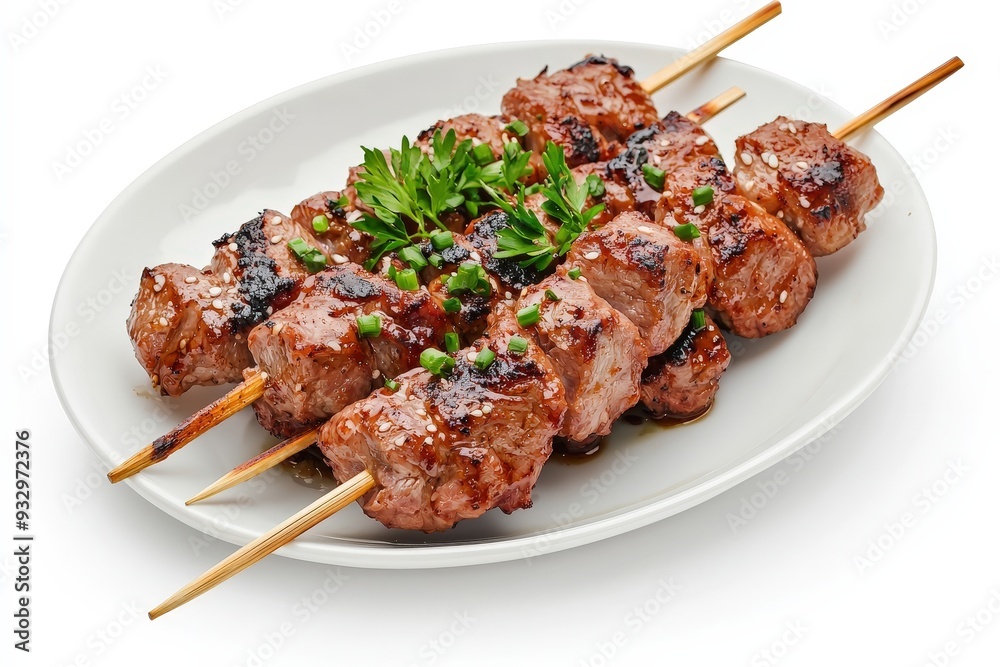 Delicious yakitori skewers displayed on a white plate, set against a white background
Delicious yakitori skewers displayed on a white plate, set against a white background