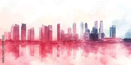 Ethereal Watercolor Singapore Skyline: National Day 2025 Celebration. Soft Hues Abstract Illustration for Marketing, UI, and Posters. Minimalist Composition with Elegant Gradient Texture. AI-Generated