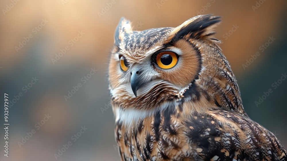 Fototapeta premium A close-up of an owl’s intense eyes and detailed feathers, with a soft-focus background highlighting its captivating features.