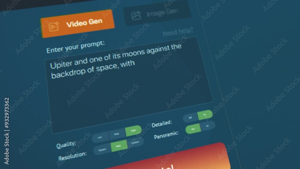 User interface of AI video generator. Artificial intelligence chatbot generate detailed high-quality video of Jupiter and its moon in space. Futuristic generative art. AI generated video creation.
