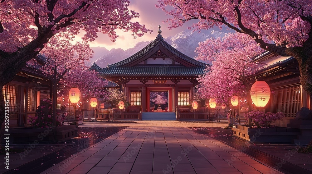 Fototapeta premium Cherry blossoms bloom near a traditional Asian temple at dusk with lanterns illuminating the scene
