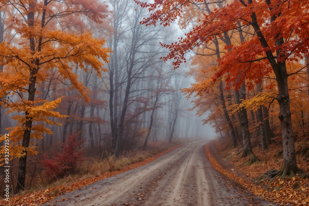 Fototapeta premium A misty autumn road surrounded by vibrant foliage, ideal for travel, nature, and adventure photography.
