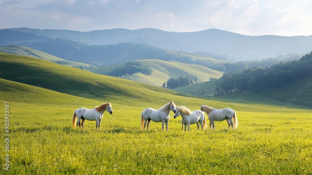 A group of horses playfully interacting in a lush pasture surrounded by rolling hills. A group of horses playfully interacting in a lush pasture surrounded by rolling hills.
