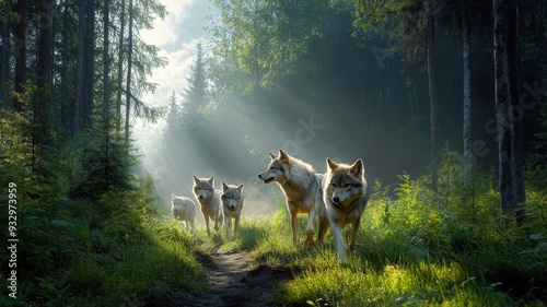 A group of wolves hunting in a dense forest, their synchronized movements through thick underbrush and tall trees. photo