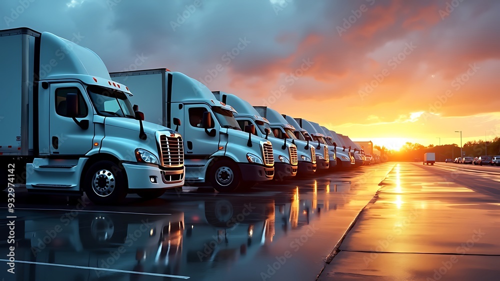 Close up fleet of trucks parked in front of warehouse to delivering factory goods. Close up fleet of trucks parked in front of warehouse to delivering factory goods.