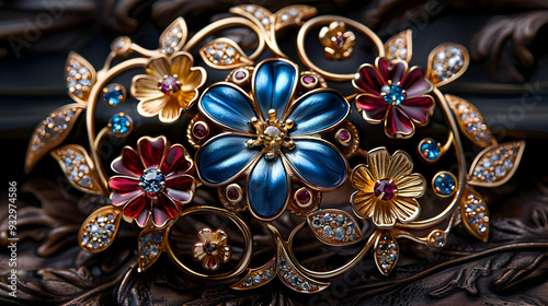 Gold Floral Brooch with Blue and Red Enamel and Gemstones