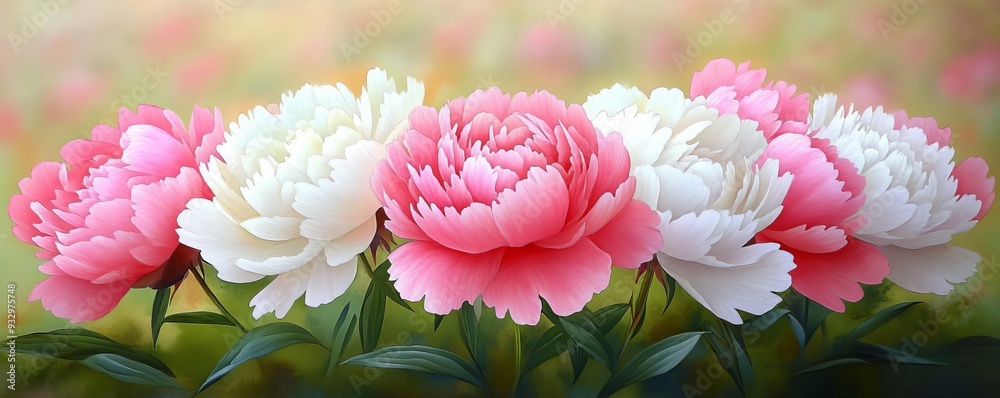 Peonies in bloom, rich pink and white petals, intricate details, lush garden setting, elegant and refined, watercolor style Peonies in bloom, rich pink and white petals, intricate details, lush garden setting, elegant and refined, watercolor style