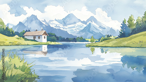 Swiss Alps, glacierfed lake, towering peaks, serene reflection, Watercolor style photo