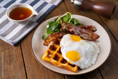 Delicious breakfast with waffles, fried eggs and bacon photo