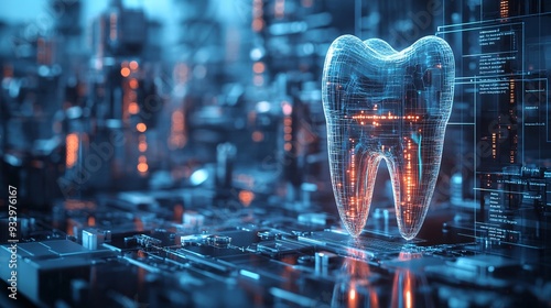 Futuristic endodontic dental treatment with a background of advanced machinery and glowing digital elements, emphasizing modern dentistry.