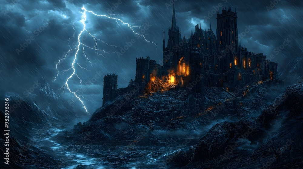 Fototapeta premium Dark Castle in Stormy Night with Lightning