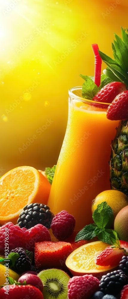 Bright and refreshing juice blend surrounded by colorful fruits, capturing the essence of summer and vitality. Bright and refreshing juice blend surrounded by colorful fruits, capturing the essence of summer and vitality.