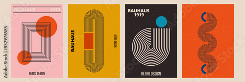 Set of abstract posters with stripe arches and geometric shapes. Vector background in trendy bohemian style.