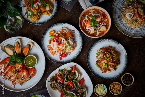 Thai seafood feast. A table with various dishes.