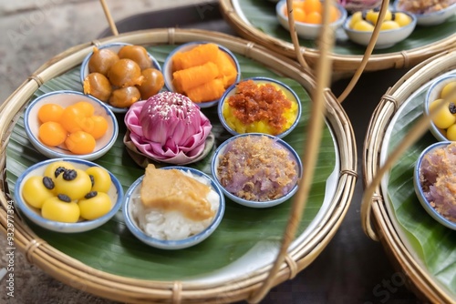 A highangle shot of a traditional Thai dessert table with an assortment of sweets like luk chup, thong yip, and khanom chan, set on a rustic table photo