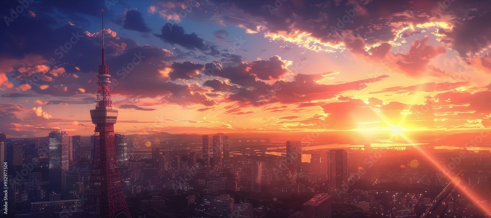 A stunning sunrise fills the sky with brilliant hues, casting a glow over a tall tower and a bustling city below A stunning sunrise fills the sky with brilliant hues, casting a glow over a tall tower and a bustling city below