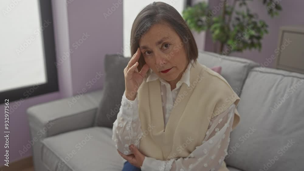 Mature woman feeling headache sitting in modern living room Mature woman feeling headache sitting in modern living room