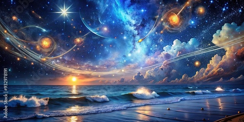 Stars twinkle like diamonds scattered across the velvet expanse, symphony of sound and light harmonizing with the gentle lapping of ocean waves in the infinite expanse of space. photo