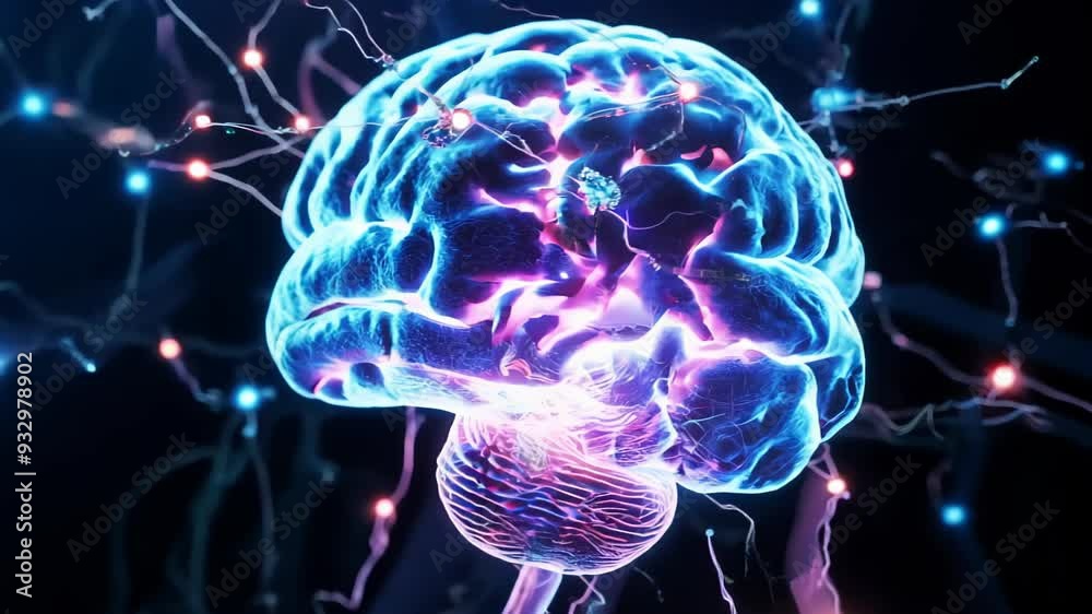 Glowing 3D brain model rotates in dark space. Intricate neural connections pulse with electrical activity, creating a mesmerizing light show of synapses firing.	