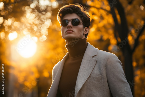 Young Man in Sunglasses and Beige Coat in Autumn Sunlight, Stylish Outdoors photo