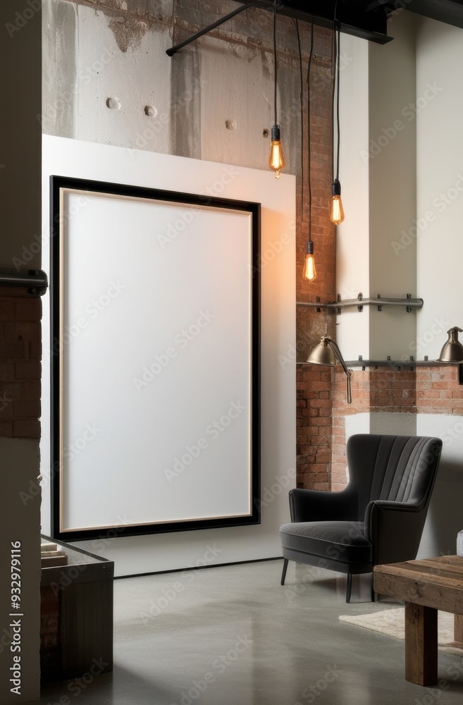 A modern interior featuring a blank canvas, stylish armchair, and industrial lighting. A modern interior featuring a blank canvas, stylish armchair, and industrial lighting.