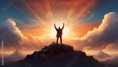 Silhouette of a person celebrating a sports victory by raising his arms in the sky.