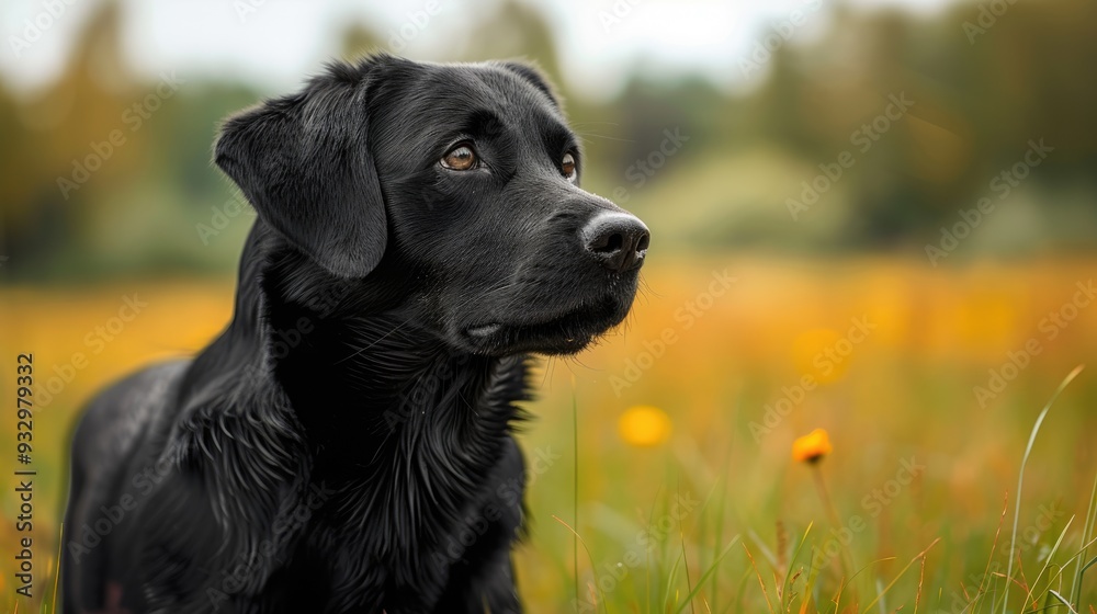 A black dog in a green field, its curious face turned to the side, with soft summer grass beneath its paws. A black dog in a green field, its curious face turned to the side, with soft summer grass beneath its paws.