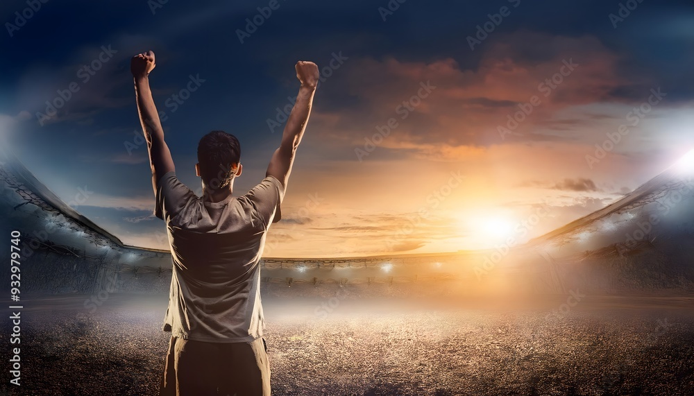 Silhouette of a person celebrating a sports victory by raising his arms in the sky. Silhouette of a person celebrating a sports victory by raising his arms in the sky.