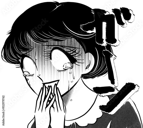 大ショックで白目で涙を流す昭和レトロ少女漫画のおかっぱ女子と暗雲背景