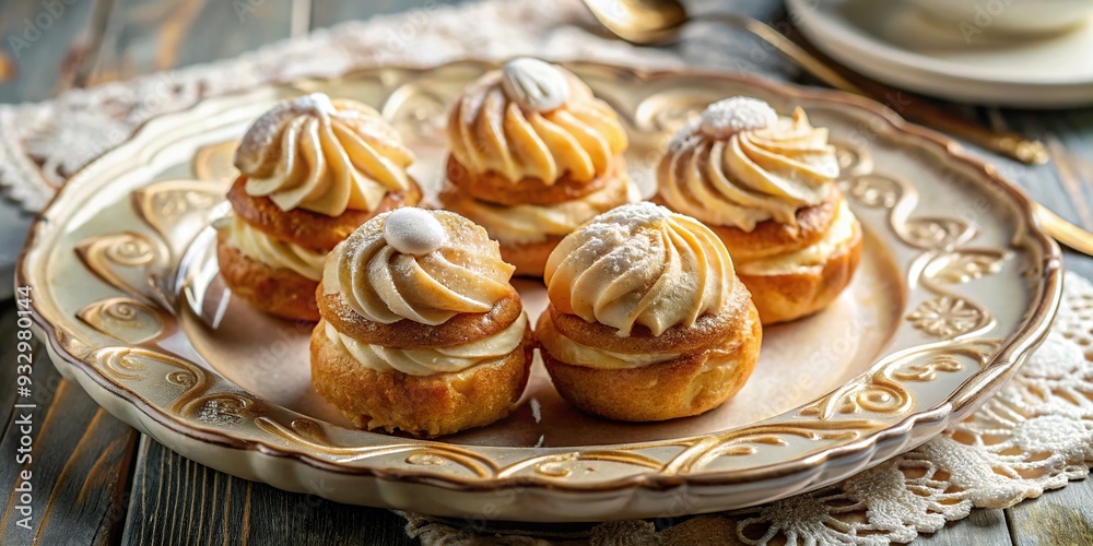 stylized bird's eye view of caramel cream puffs on ornate ceramic plate with soft ethereal light and delicate French patisserie feel stylized bird's eye view of caramel cream puffs on ornate ceramic plate with soft ethereal light and delicate French patisserie feel