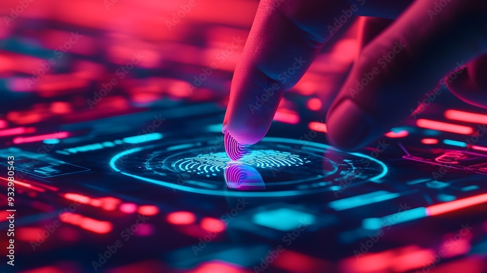 Fototapeta premium Fingerprint Scan Security, Futuristic Tech, Neon Lights