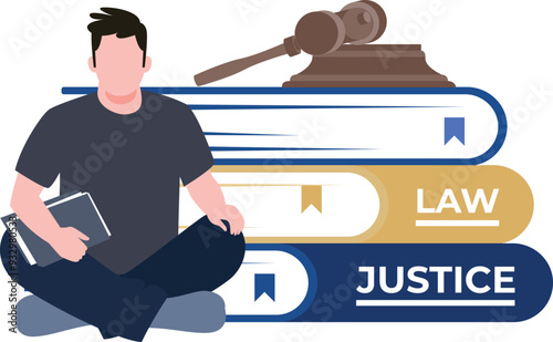 The boy is sitting next to the law books.