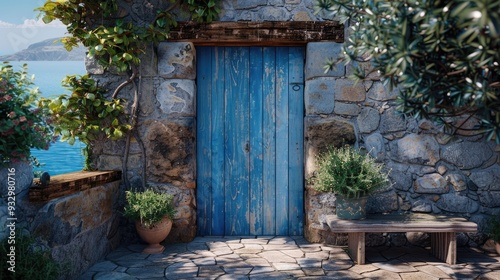 A charming blue door set in a stone wall, opening onto a patio with a bench and a breathtaking view of the coastline.