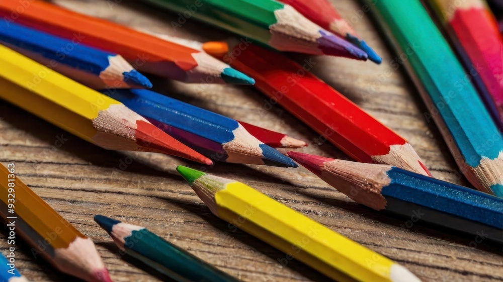 Fototapeta premium Colored pencils set, various colors, sharpener 