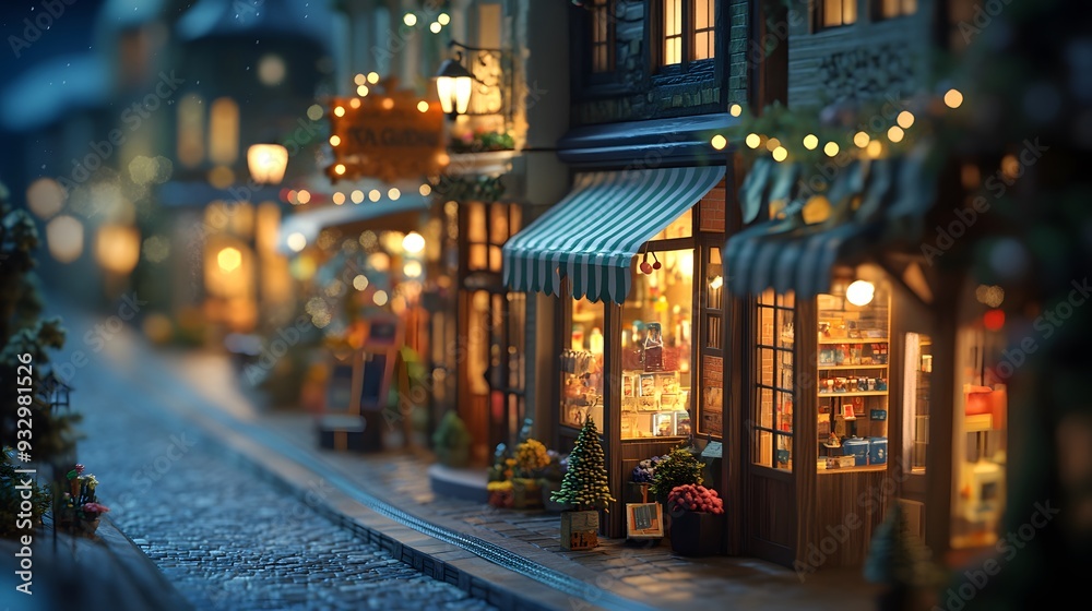 A miniature 3D shopping street, lined with tiny, detailed shops and vibrant window displays, the scene is lit by soft, warm light, casting gentle shadows, creating a mood of leisurely exploration and A miniature 3D shopping street, lined with tiny, detailed shops and vibrant window displays, the scene is lit by soft, warm light, casting gentle shadows, creating a mood of leisurely exploration and