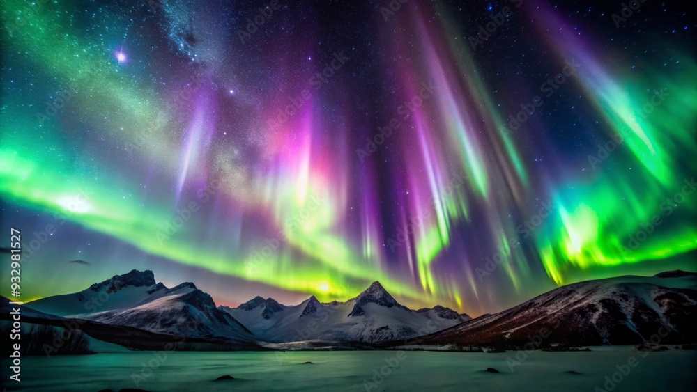 auroral lights dancing across starry night sky in shimmering curtains of green and purple with silhouetted mountains for breathtaking and surreal scene auroral lights dancing across starry night sky in shimmering curtains of green and purple with silhouetted mountains for breathtaking and surreal scene