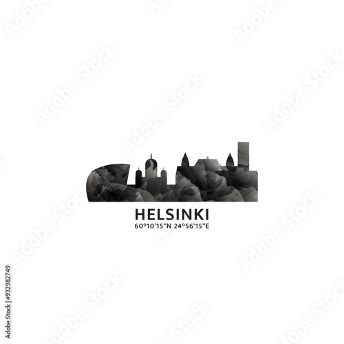 Helsinki panorama, vector badge, skyline logo and icon. Finland capital city horizon logotype with landmarks and building silhouettes. Isolated foggy abstract gradient graphic