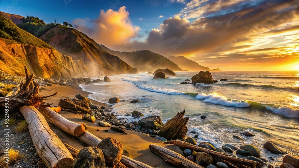 Golden hues of sunset on California's rugged coastline with wispy fog, rustic driftwood, and weathered pebbles, exuding warm nostalgia and adventure. Golden hues of sunset on California's rugged coastline with wispy fog, rustic driftwood, and weathered pebbles, exuding warm nostalgia and adventure.
