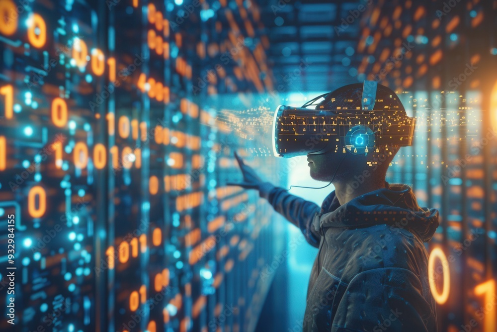 A hacker navigates a virtual world of glowing codes and digital locks using a VR headset, immersed in technology and security challenges. Generative AI A hacker navigates a virtual world of glowing codes and digital locks using a VR headset, immersed in technology and security challenges. Generative AI