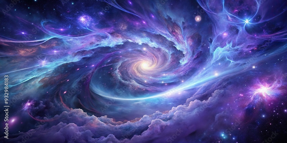 Celestial amethyst nebula, swirling purple, blue, and silver, abstract patterns, surreal atmosphere, macro shot, cosmic concept, mystifying beauty.