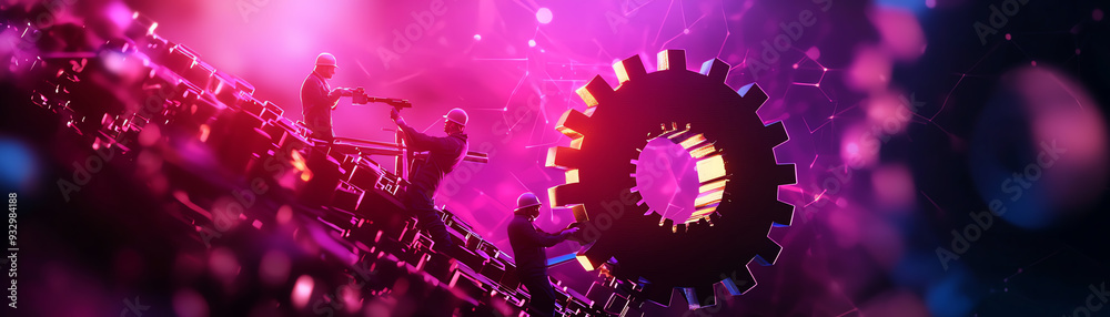 A vibrant abstract illustration showcasing a gear with dynamic figures working amidst colorful lights and energetic motion. A vibrant abstract illustration showcasing a gear with dynamic figures working amidst colorful lights and energetic motion.